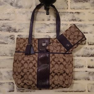 Coach Signature Tote with python stripe & wallet. Purple, brown, khaki